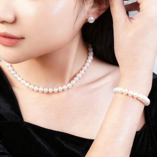 7-8MM AAAA+ Round Freshwater Cultured Pearl Necklace Set Includes Stunning Bracelet and Stud Earrings Jewelry for Women