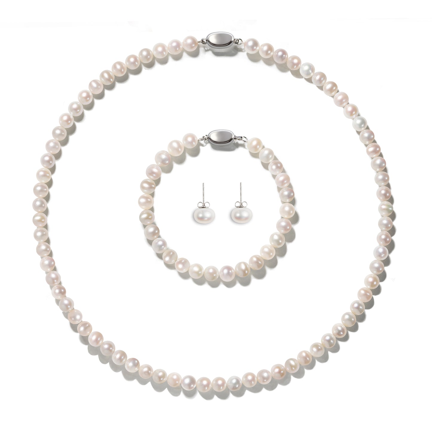 7-8MM AAAA+ Round Freshwater Cultured Pearl Necklace Set Includes Stunning Bracelet and Stud Earrings Jewelry for Women