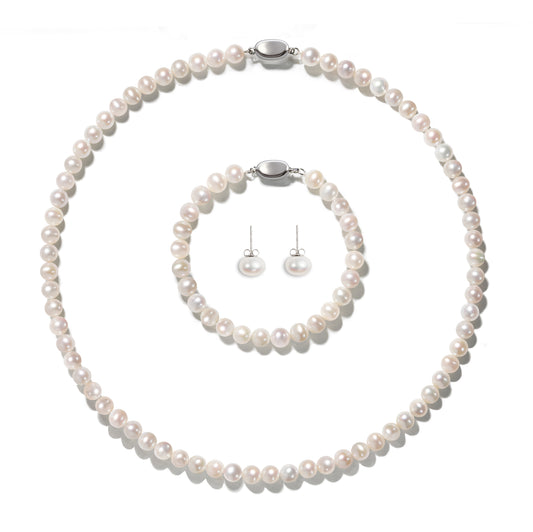 7-8MM AAAA+ Round Freshwater Cultured Pearl Necklace Set Includes Stunning Bracelet and Stud Earrings Jewelry for Women